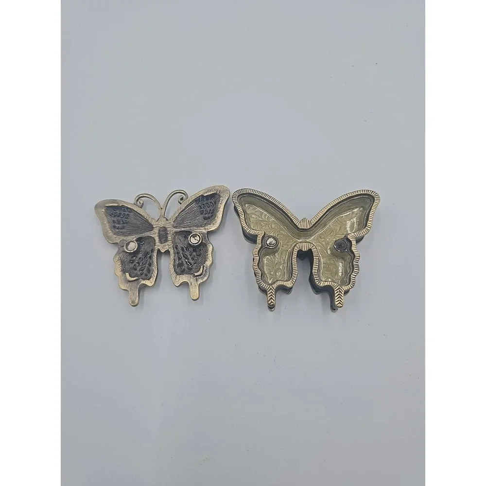 Vintage Green‎ Enamel Metal Rhinestone Butterfly Trinket Box Antique